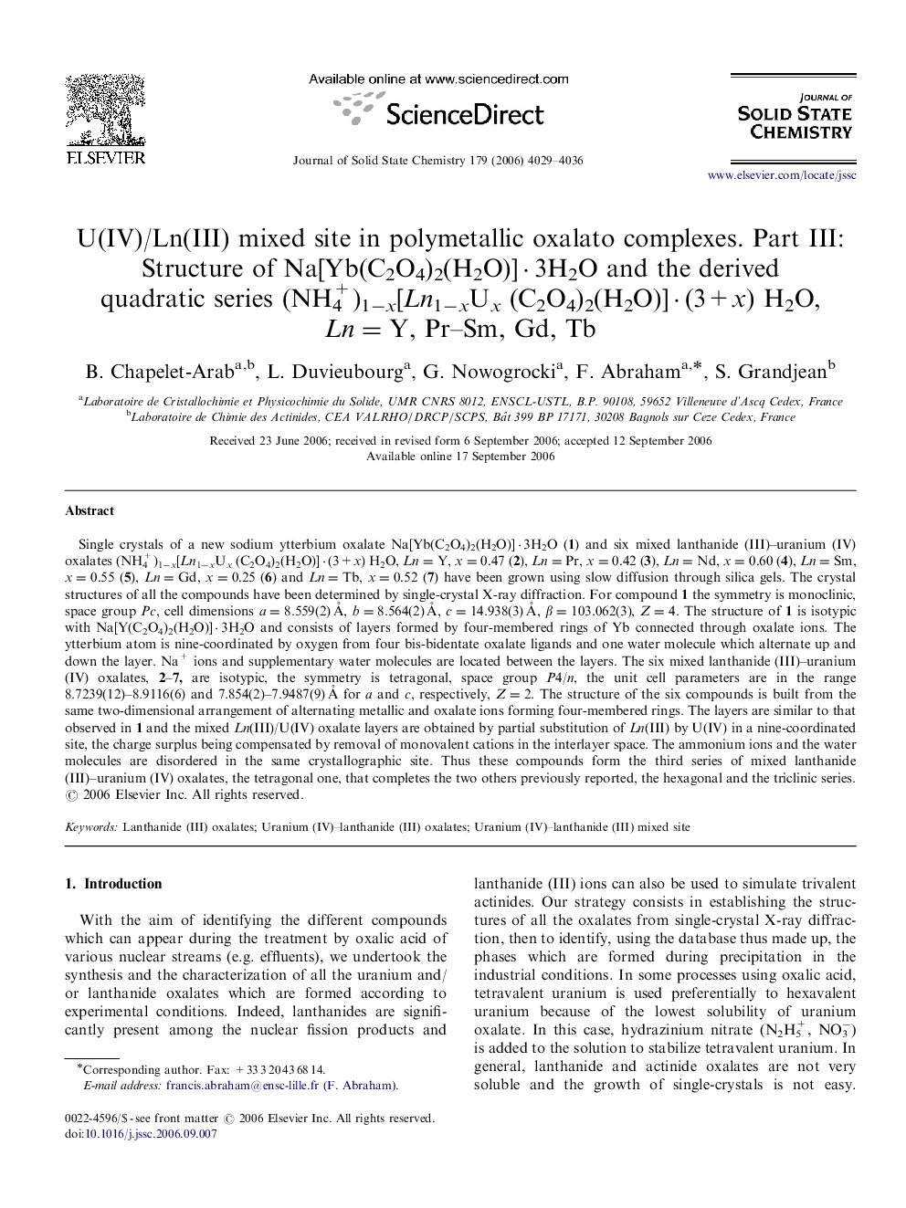 U(IV)/Ln(III) mixed site in polymetallic oxalato complexes. Part III: Structure of Na[Yb(C2O4)2(H2O)]·3H2O and the derived quadratic series (NH4+)1−x[Ln1−xUx (C2O4)2(H2O)]·(3+x) H2O, Ln=Y, Pr–Sm, Gd, Tb