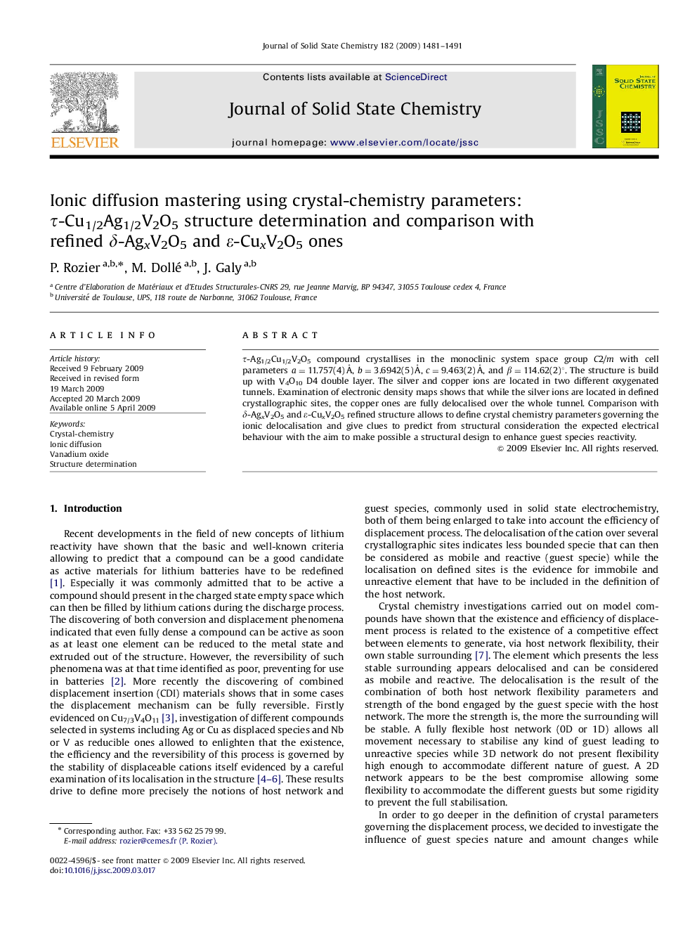 Ionic diffusion mastering using crystal-chemistry parameters: Ï-Cu1/2Ag1/2V2O5 structure determination and comparison with refined Î´-AgxV2O5 and Îµ-CuxV2O5 ones