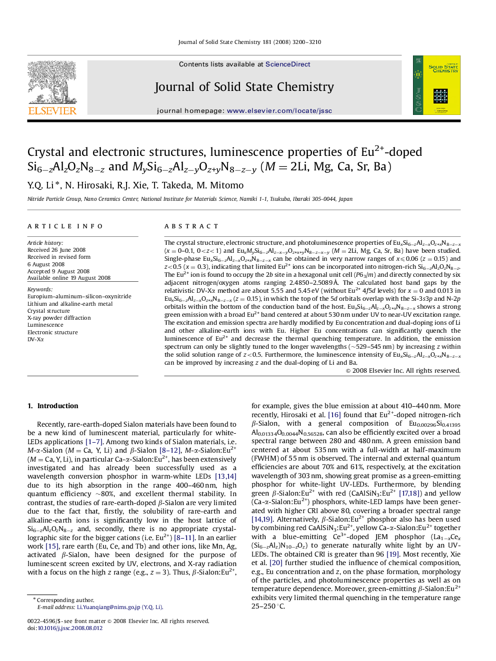 Crystal and electronic structures, luminescence properties of Eu2+-doped Si6−zAlzOzN8−z and MySi6−zAlz−yOz+yN8−z−y (M=2Li, Mg, Ca, Sr, Ba)