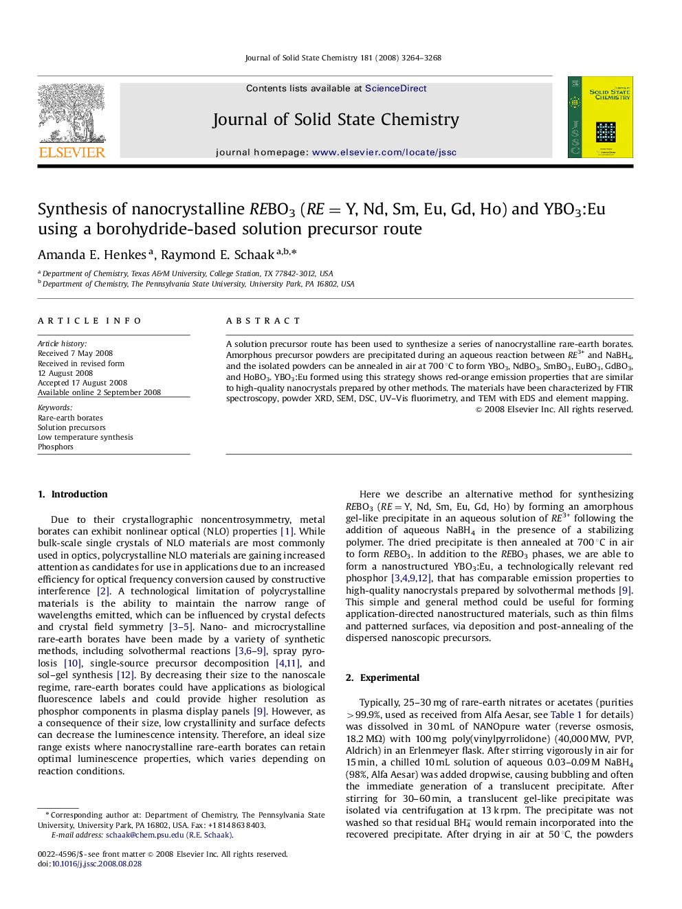 Synthesis of nanocrystalline REBO3 (RE=Y, Nd, Sm, Eu, Gd, Ho) and YBO3:Eu using a borohydride-based solution precursor route