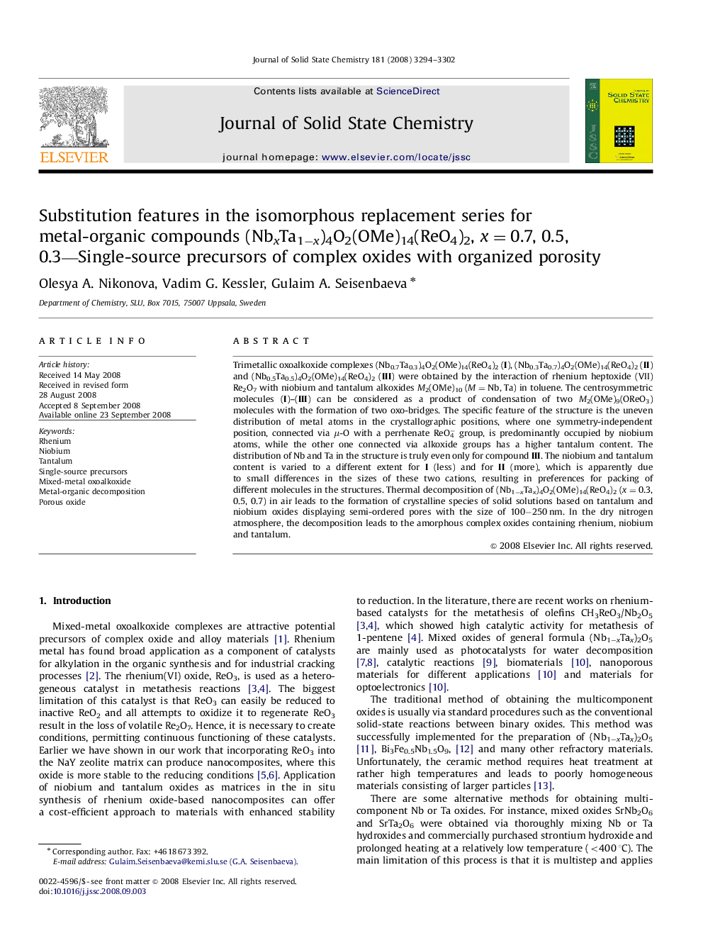 Substitution features in the isomorphous replacement series for metal-organic compounds (NbxTa1−x)4O2(OMe)14(ReO4)2, x=0.7, 0.5, 0.3—Single-source precursors of complex oxides with organized porosity