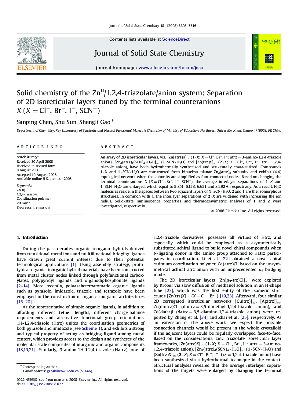 Solid chemistry of the ZnII/1,2,4-triazolate/anion system: Separation of 2D isoreticular layers tuned by the terminal counteranions X (X=Cl−, Br−, I−, SCN−)