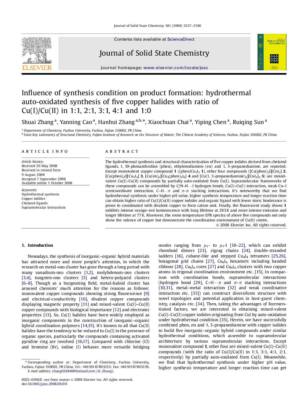 Influence of synthesis condition on product formation: hydrothermal auto-oxidated synthesis of five copper halides with ratio of Cu(I)/Cu(II) in 1:1, 2:1, 3:1, 4:1 and 1:0