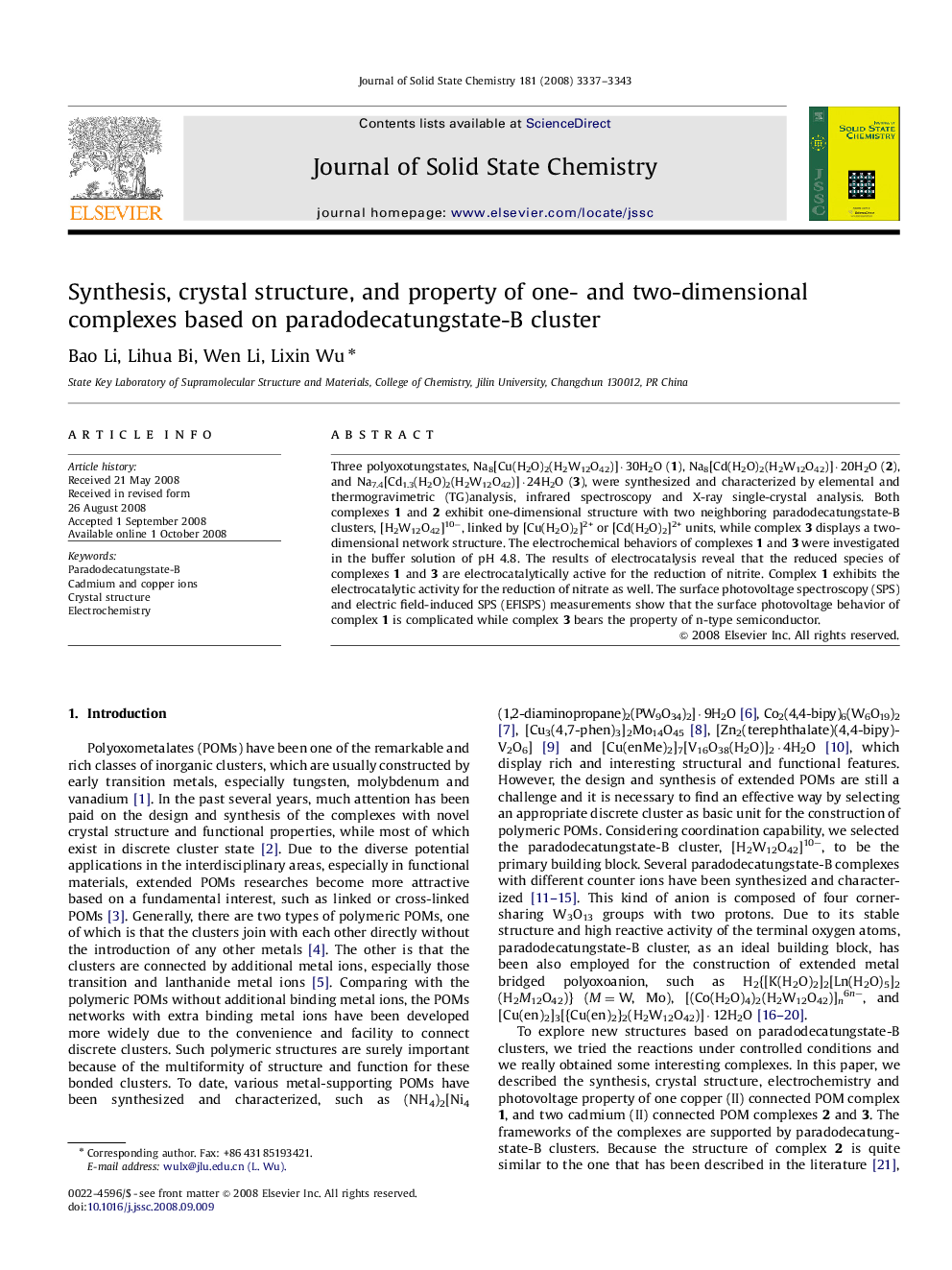 Synthesis, crystal structure, and property of one- and two-dimensional complexes based on paradodecatungstate-B cluster