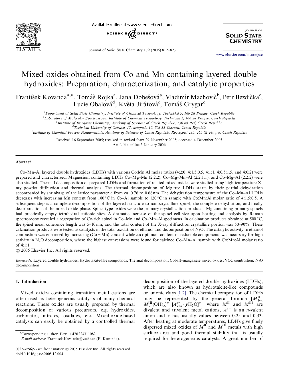 Mixed oxides obtained from Co and Mn containing layered double hydroxides: Preparation, characterization, and catalytic properties