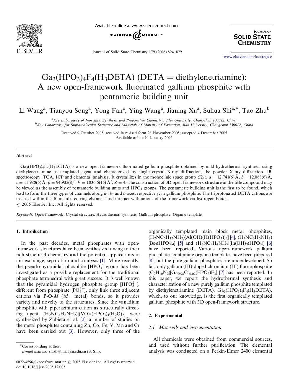 Ga3(HPO3)4F4(H3DETA) (DETA=diethylenetriamine): A new open-framework fluorinated gallium phosphite with pentameric building unit