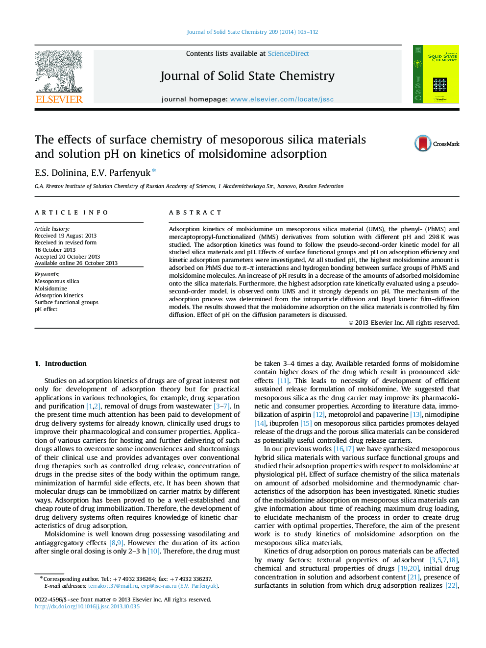 The effects of surface chemistry of mesoporous silica materials and solution pH on kinetics of molsidomine adsorption