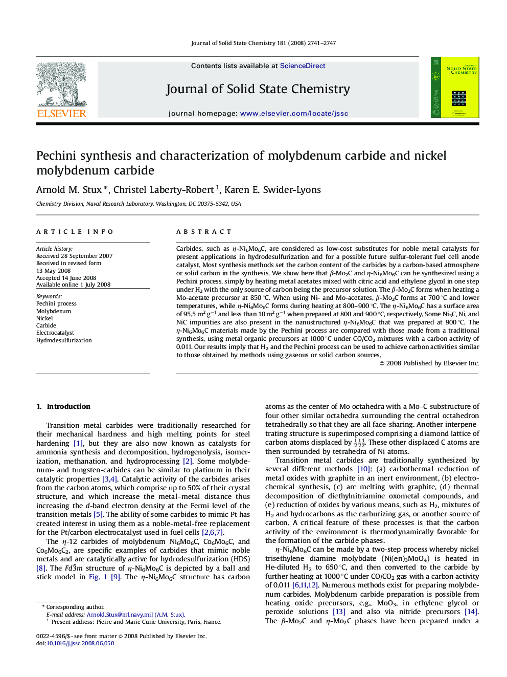 Pechini synthesis and characterization of molybdenum carbide and nickel molybdenum carbide