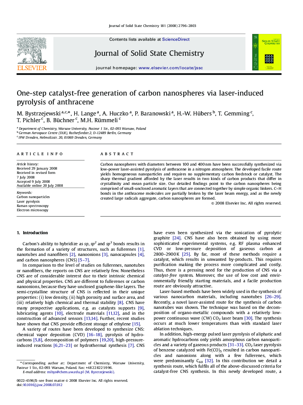 One-step catalyst-free generation of carbon nanospheres via laser-induced pyrolysis of anthracene