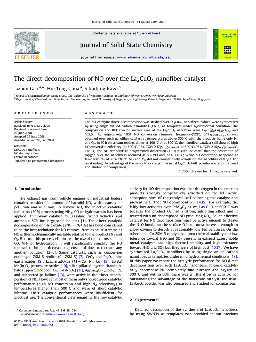 The direct decomposition of NO over the La2CuO4 nanofiber catalyst