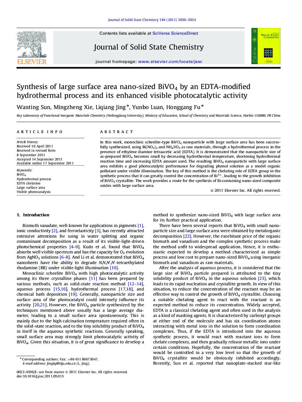 Synthesis of large surface area nano-sized BiVO4 by an EDTA-modified hydrothermal process and its enhanced visible photocatalytic activity