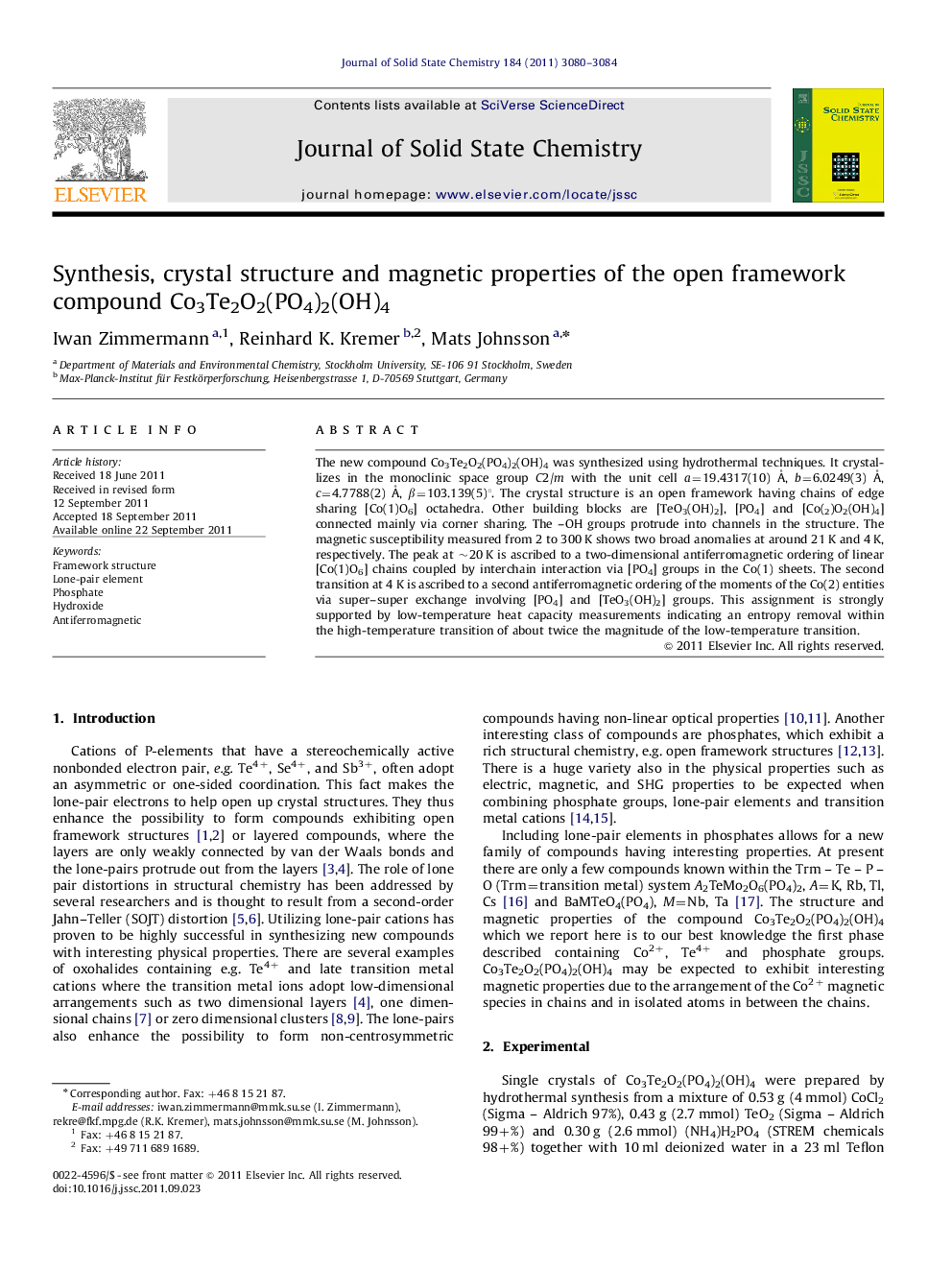 عکس صفحه اول مقاله: Synthesis, crystal structure and magnetic properties of the open framework compound Co3Te2O2(PO4)2(OH)4 Synthesis, crystal structure and magnetic properties of the open framework compound Co3Te2O2(PO4)2(OH)4