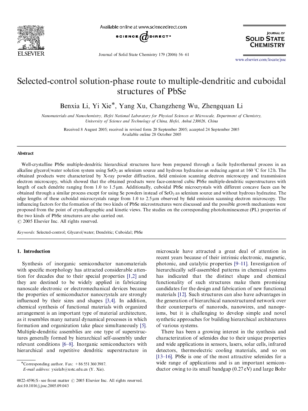 Selected-control solution-phase route to multiple-dendritic and cuboidal structures of PbSe