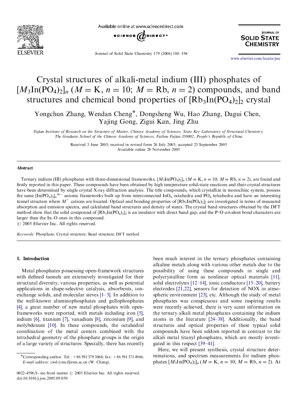 Crystal structures of alkali-metal indium (III) phosphates of [M3In(PO4)2]n (M  =K, n=10n=10; M  =Rb, n=2n=2) compounds, and band structures and chemical bond properties of [Rb3In(PO4)2]2 crystal