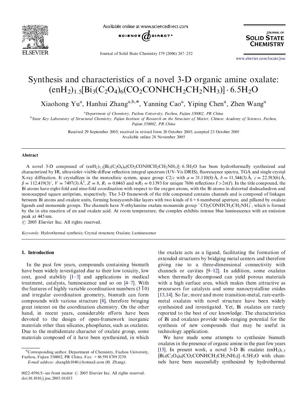 Synthesis and characteristics of a novel 3-D organic amine oxalate: (enH2)1.5[Bi3(C2O4)6(CO2CONHCH2CH2NH3)]·6.5H2O