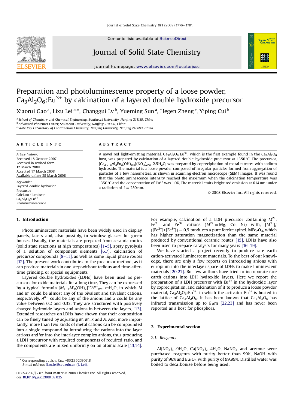 Preparation and photoluminescence property of a loose powder, Ca3Al2O6:Eu3+ by calcination of a layered double hydroxide precursor