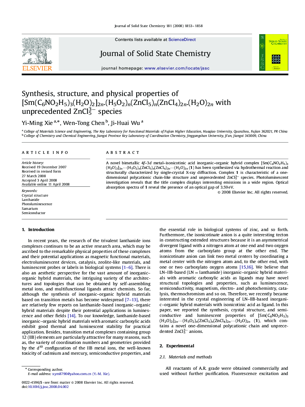 Synthesis, structure, and physical properties of [Sm(C6NO2H5)3(H2O)2]2n.(H5O2)n(ZnCl5)n(ZnCl4)2n.(H2O)2n with unprecedented ZnCl53− species