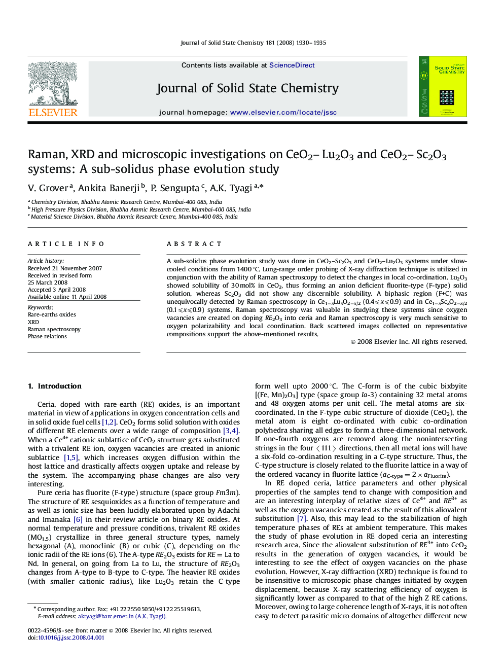 Raman, XRD and microscopic investigations on CeO2–Lu2O3 and CeO2–Sc2O3 systems: A sub-solidus phase evolution study