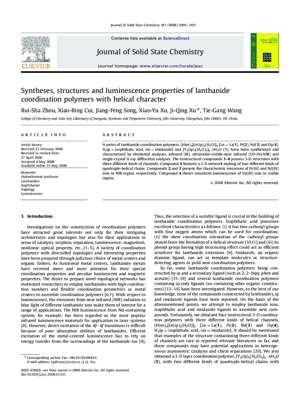 Syntheses, structures and luminescence properties of lanthanide coordination polymers with helical character