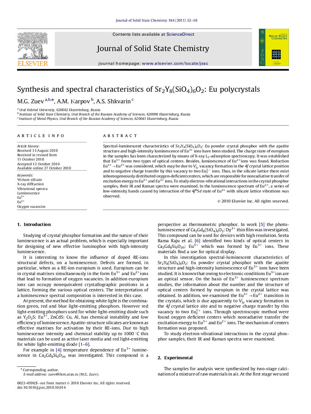 Synthesis and spectral characteristics of Sr2Y8(SiO4)6O2: Eu polycrystals