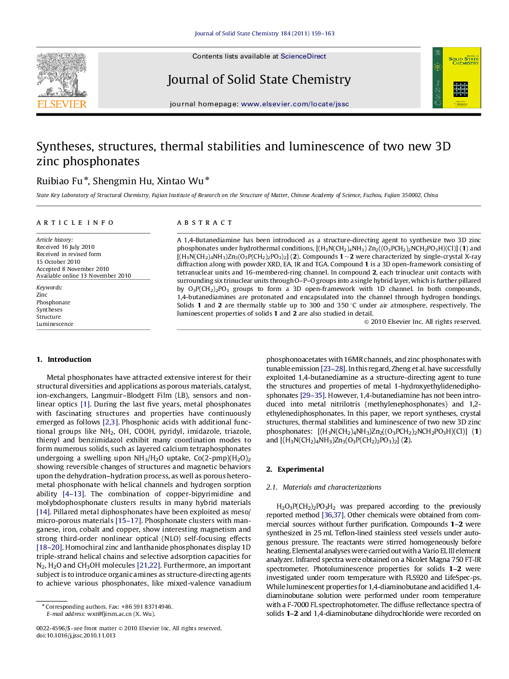 Syntheses, structures, thermal stabilities and luminescence of two new 3D zinc phosphonates