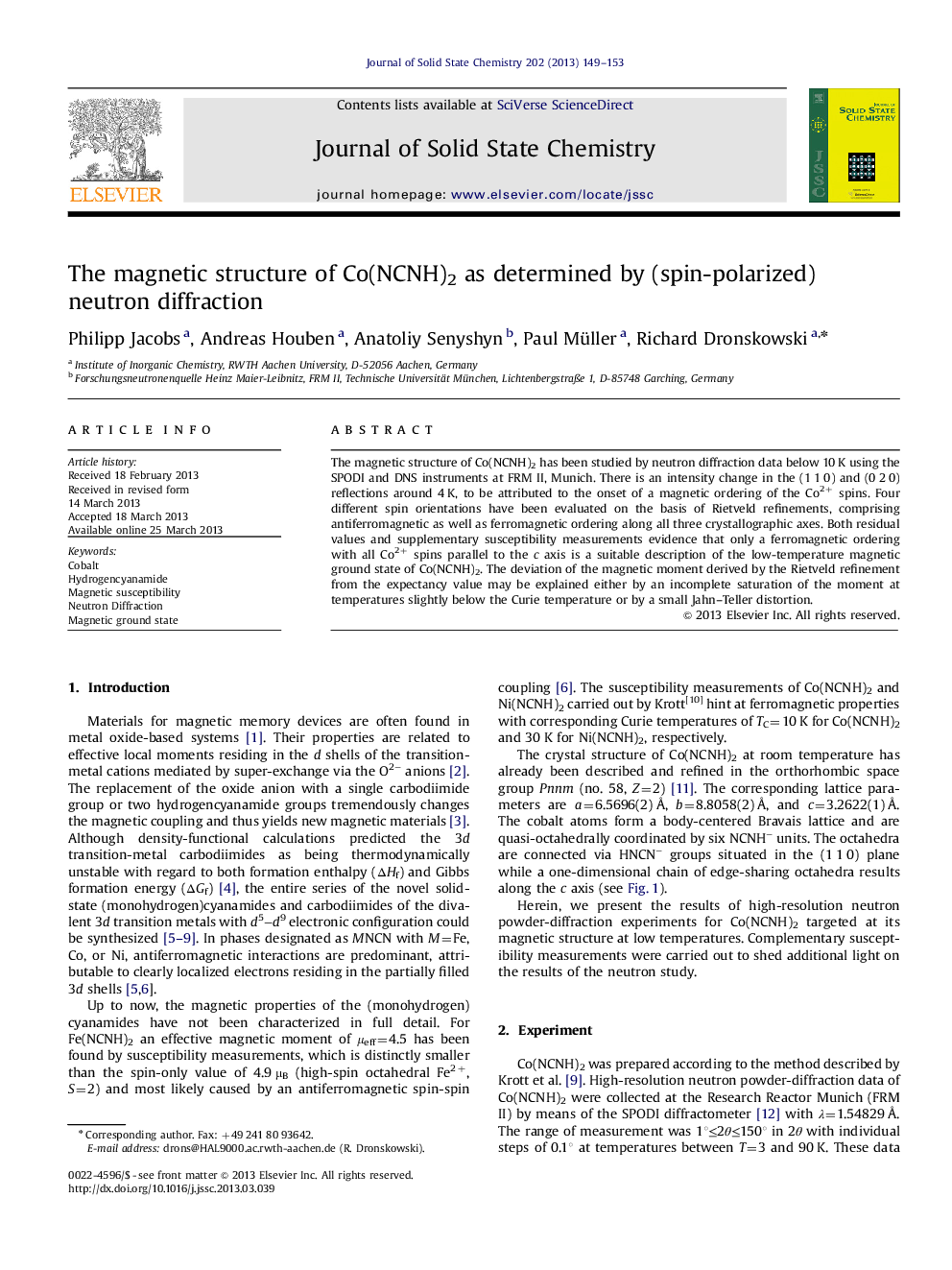 The magnetic structure of Co(NCNH)2 as determined by (spin-polarized) neutron diffraction