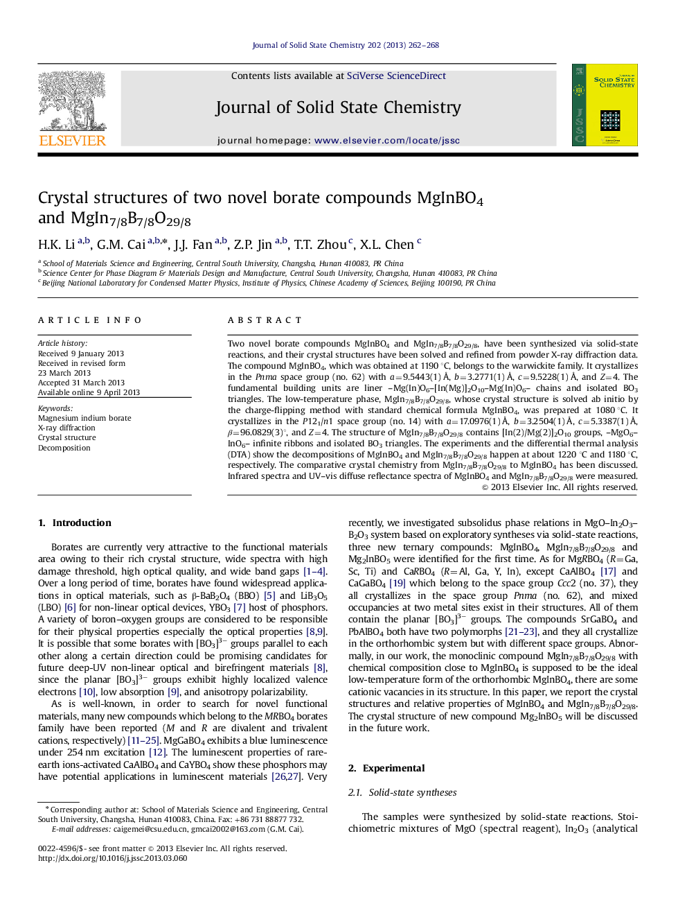 Crystal structures of two novel borate compounds MgInBO4 and MgIn7/8B7/8O29/8