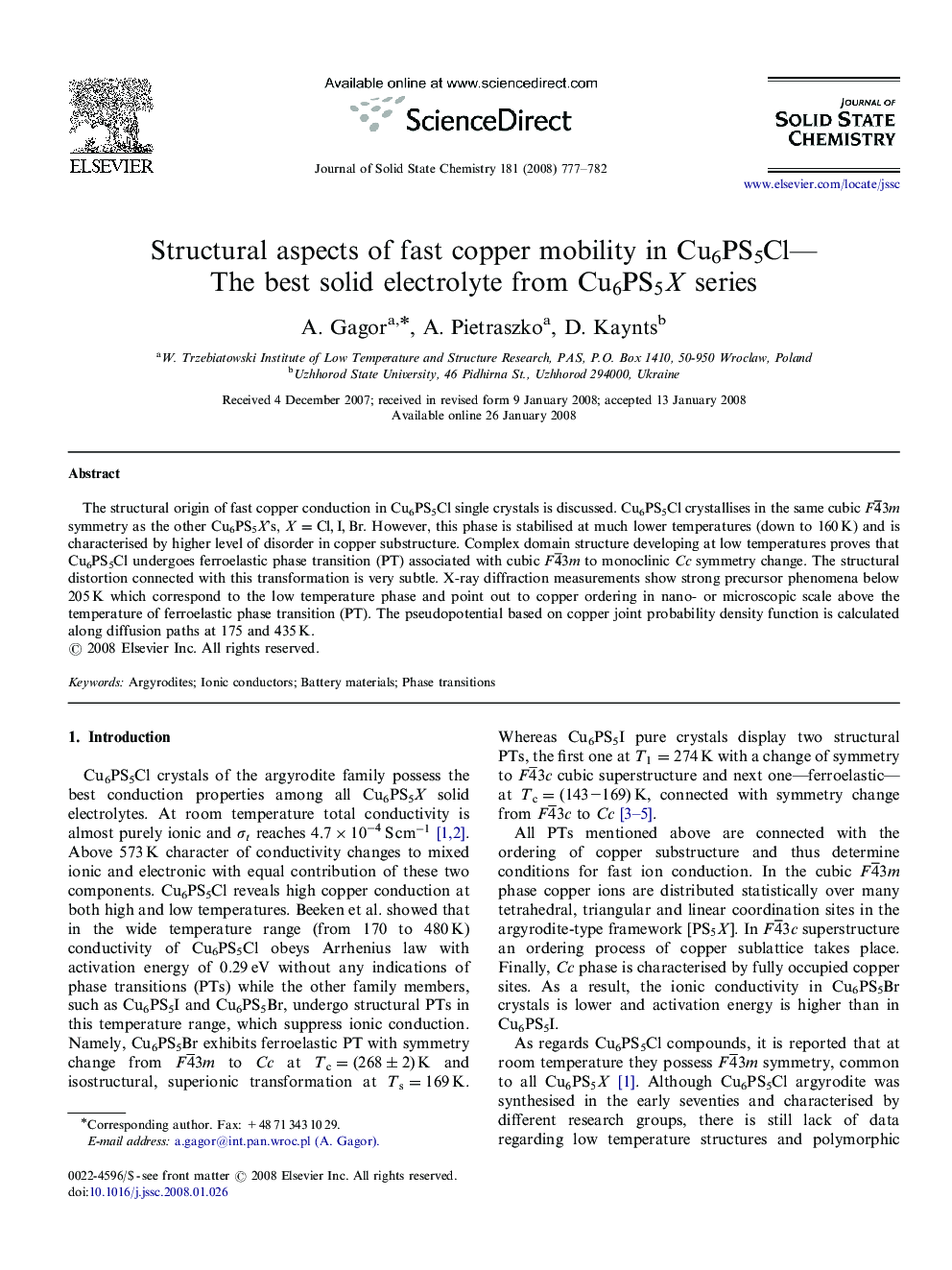 Structural aspects of fast copper mobility in Cu6PS5Cl—The best solid electrolyte from Cu6PS5XCu6PS5X series