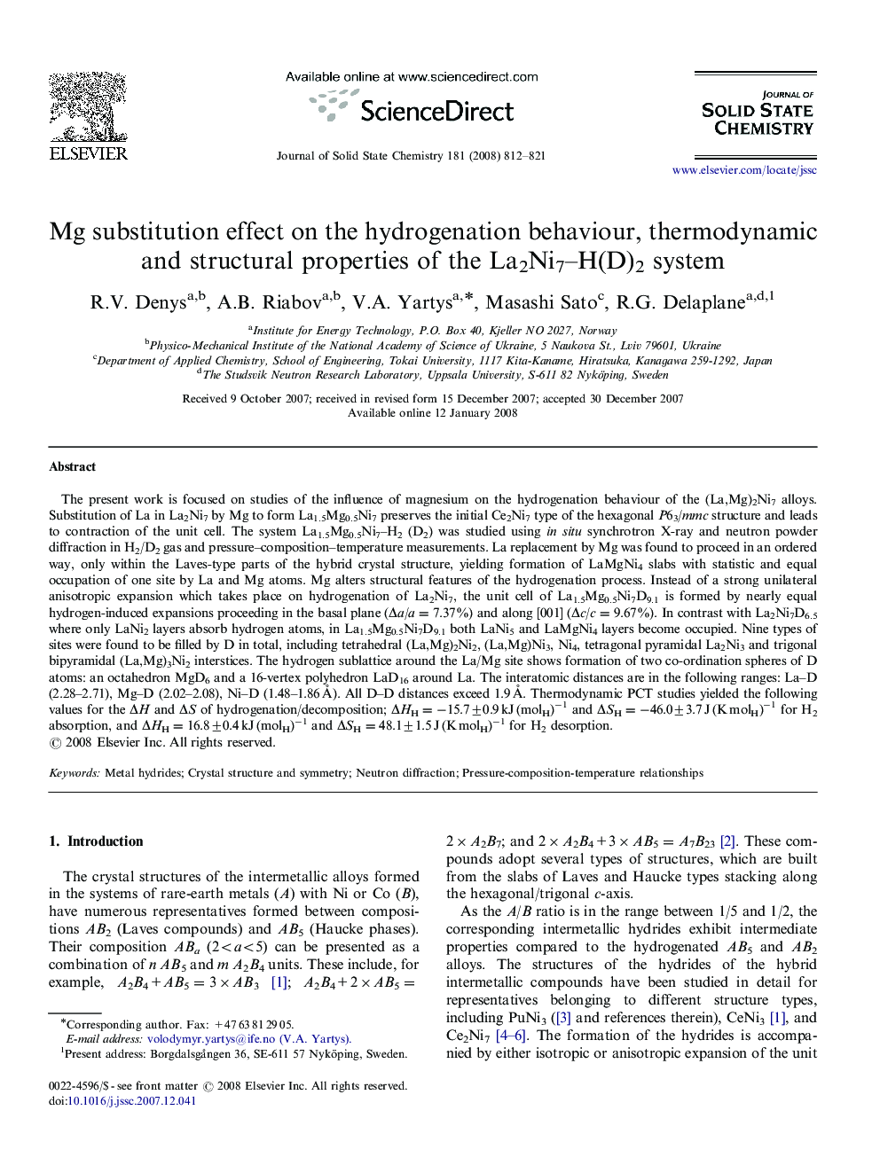 Mg substitution effect on the hydrogenation behaviour, thermodynamic and structural properties of the La2Ni7–H(D)2 system