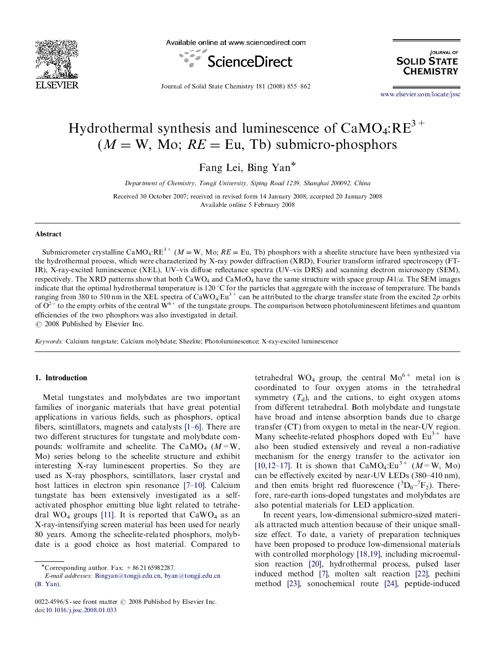 Hydrothermal synthesis and luminescence of CaMO4:RE3+ (M=W, Mo; RE=Eu, Tb) submicro-phosphors