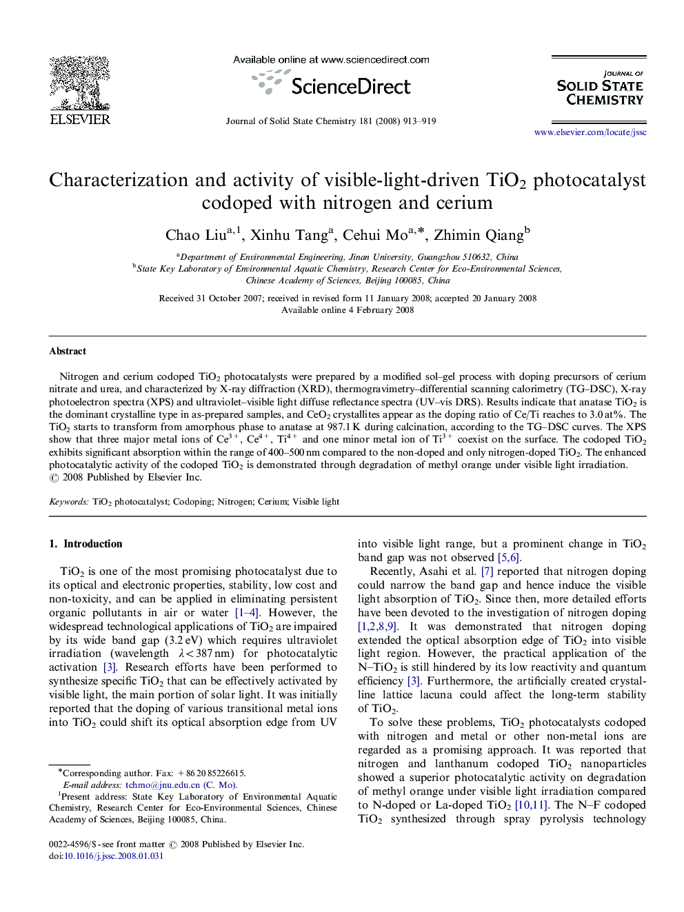 Characterization and activity of visible-light-driven TiO2 photocatalyst codoped with nitrogen and cerium