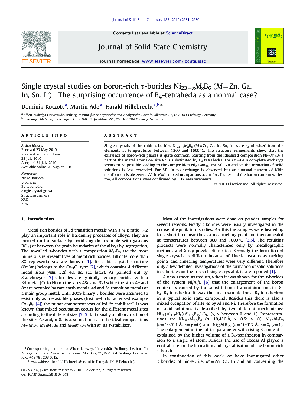 Single crystal studies on boron-rich τ-borides Ni23−xMxB6 (M=Zn, Ga, In, Sn, Ir)—The surprising occurrence of B4-tetraheda as a normal case?