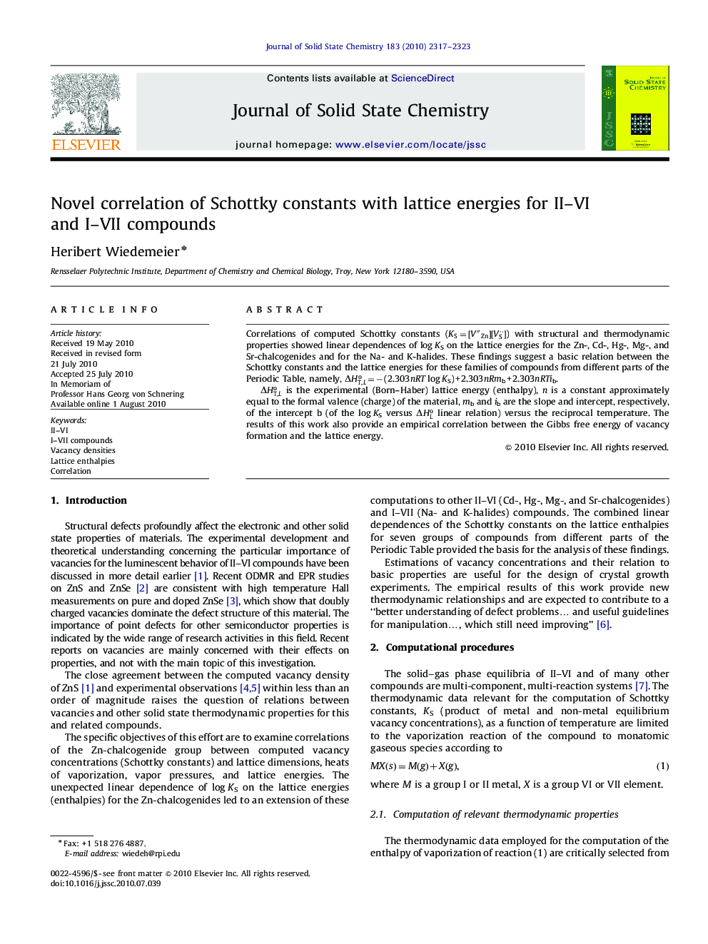 Novel correlation of Schottky constants with lattice energies for II-VI and I-VII compounds