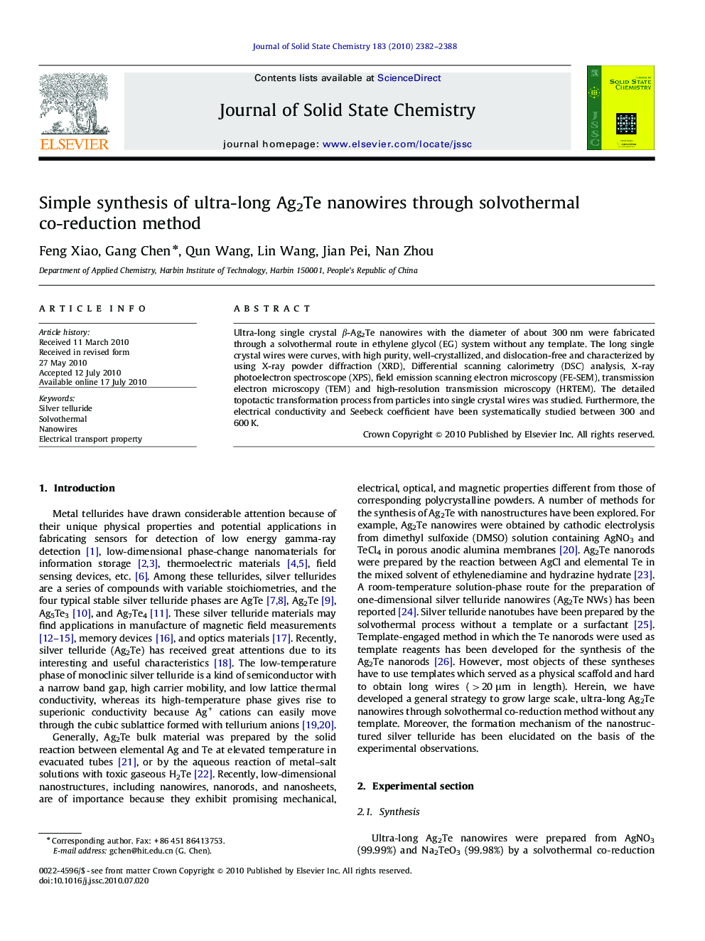 Simple synthesis of ultra-long Ag2Te nanowires through solvothermal co-reduction method