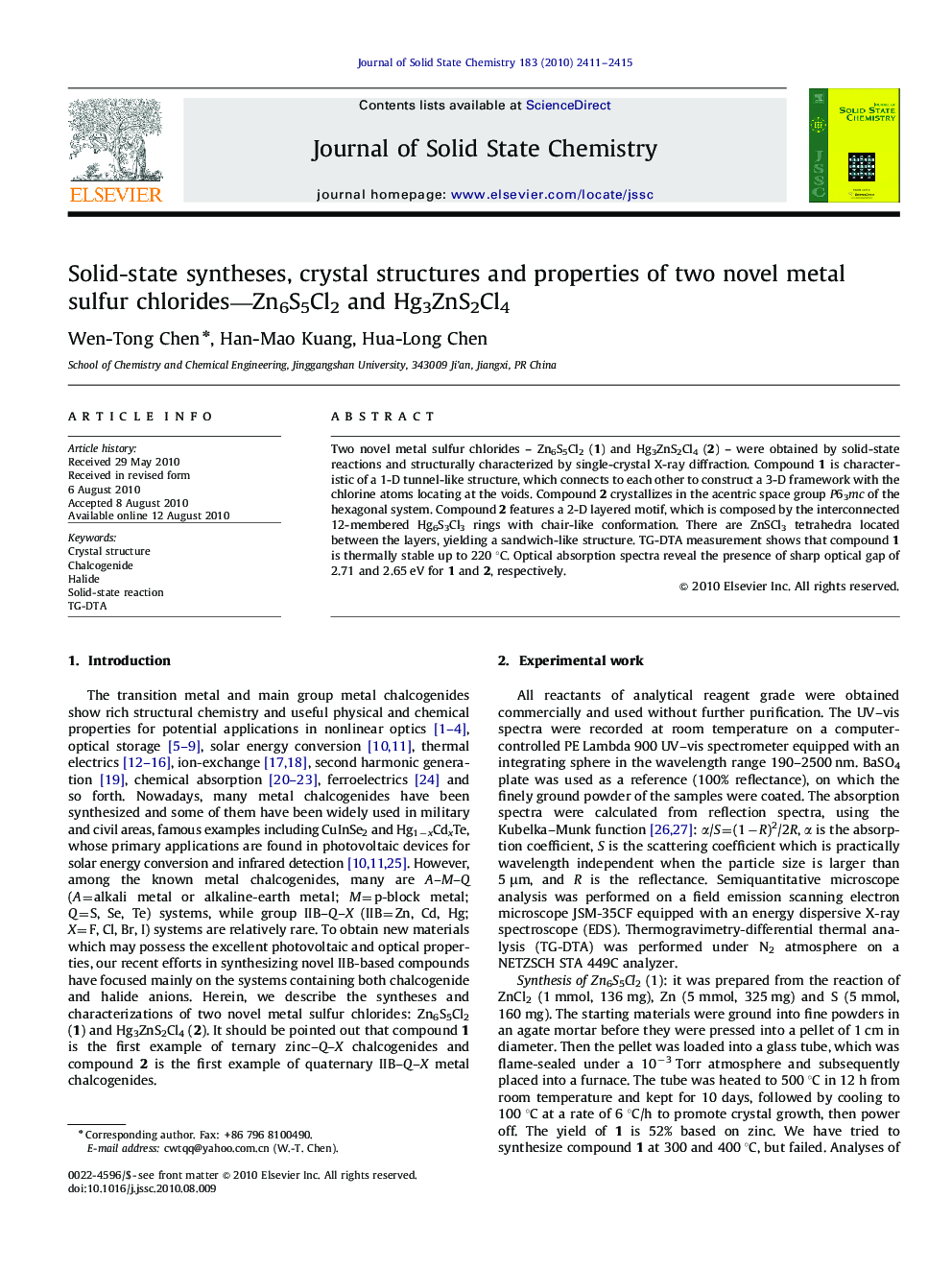 Solid-state syntheses, crystal structures and properties of two novel metal sulfur chlorides—Zn6S5Cl2 and Hg3ZnS2Cl4