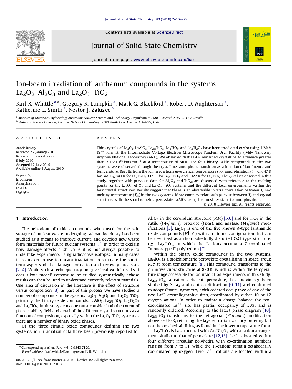 Ion-beam irradiation of lanthanum compounds in the systems La2O3–Al2O3 and La2O3–TiO2