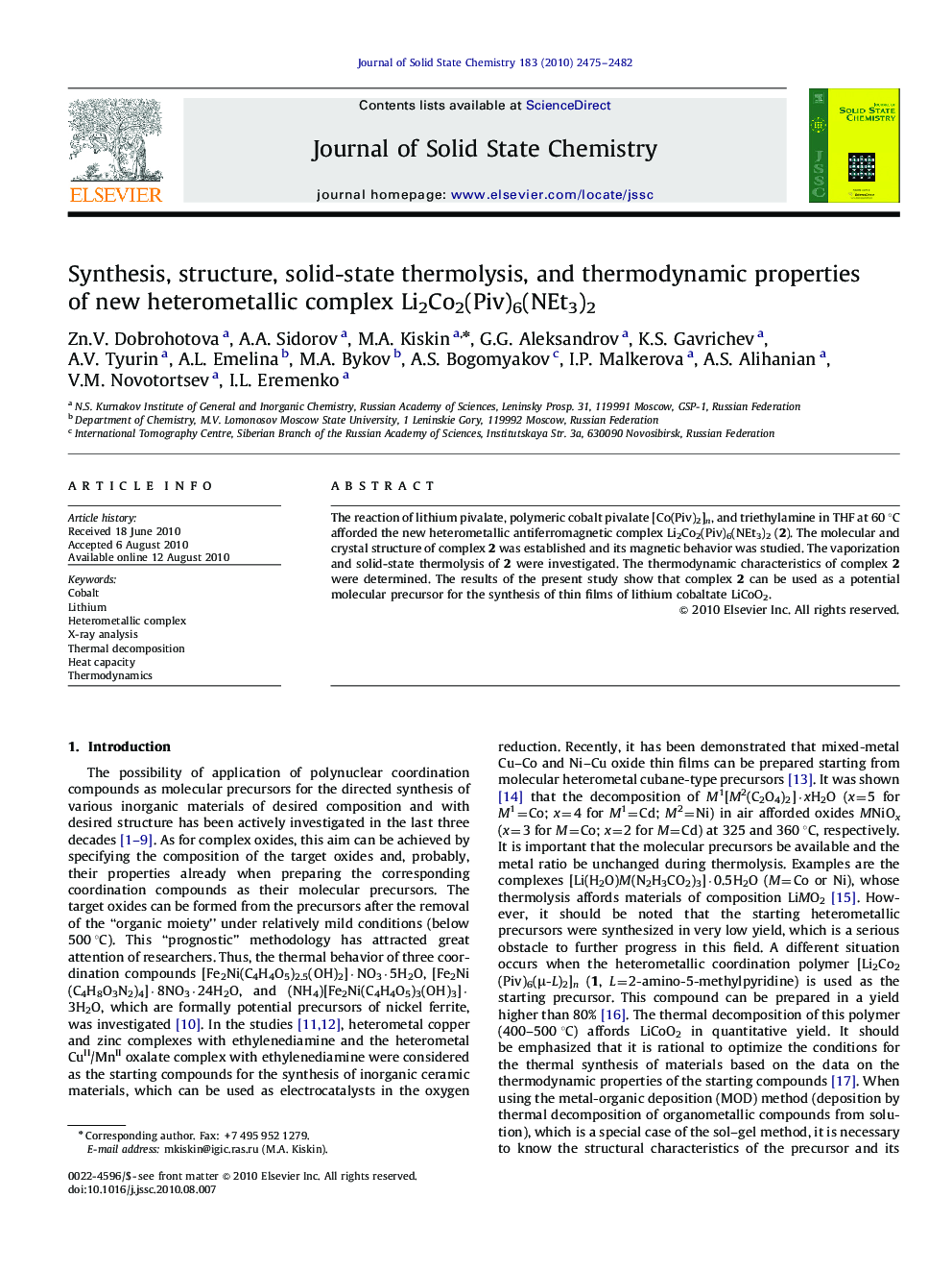 Synthesis, structure, solid-state thermolysis, and thermodynamic properties of new heterometallic complex Li2Co2(Piv)6(NEt3)2