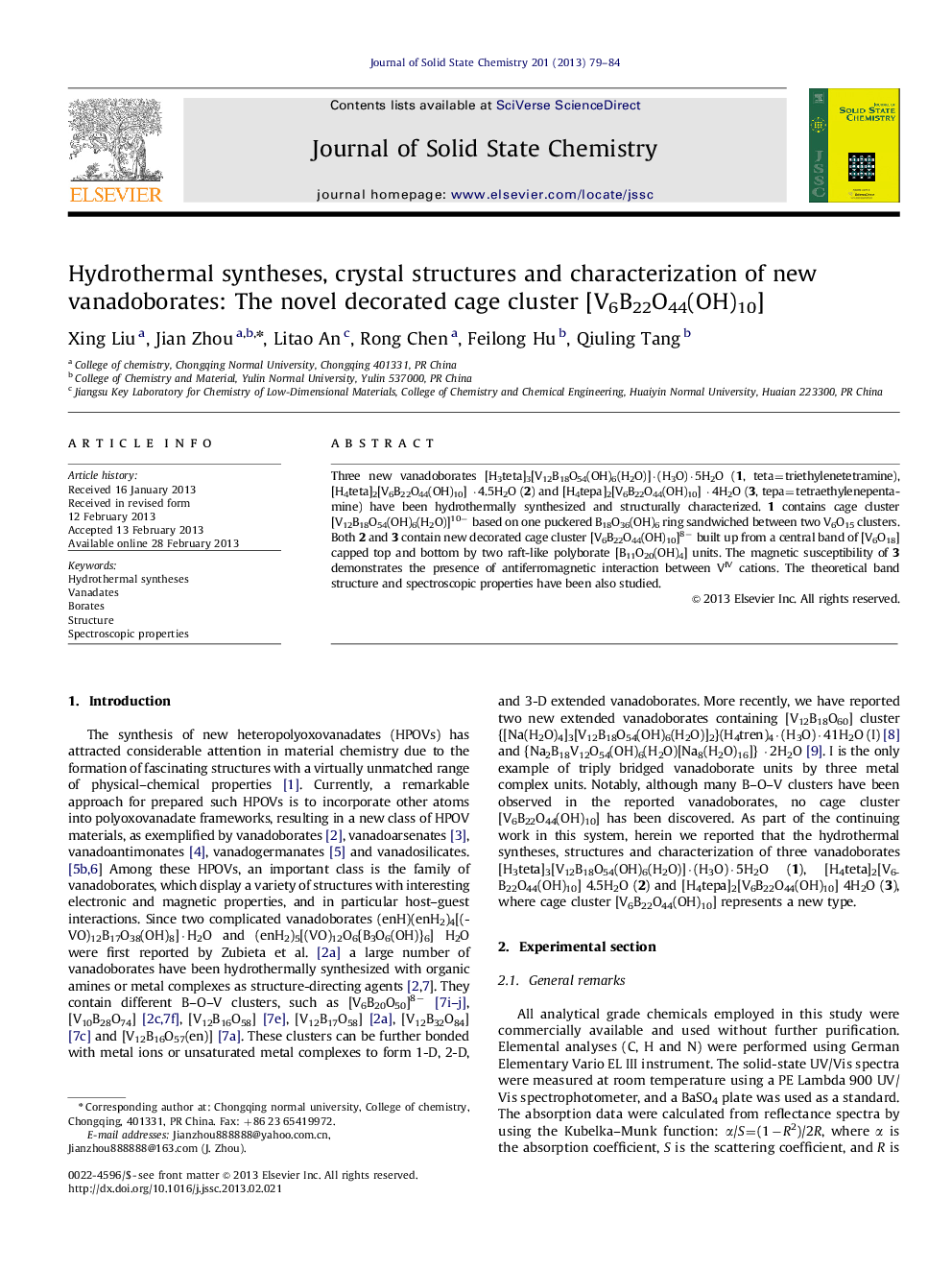 Hydrothermal syntheses, crystal structures and characterization of new vanadoborates: The novel decorated cage cluster [V6B22O44(OH)10]