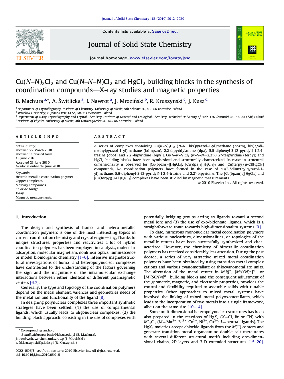 Cu(N–N)2Cl2 and Cu(N–N–N)Cl2 and HgCl2 building blocks in the synthesis of coordination compounds—X-ray studies and magnetic properties