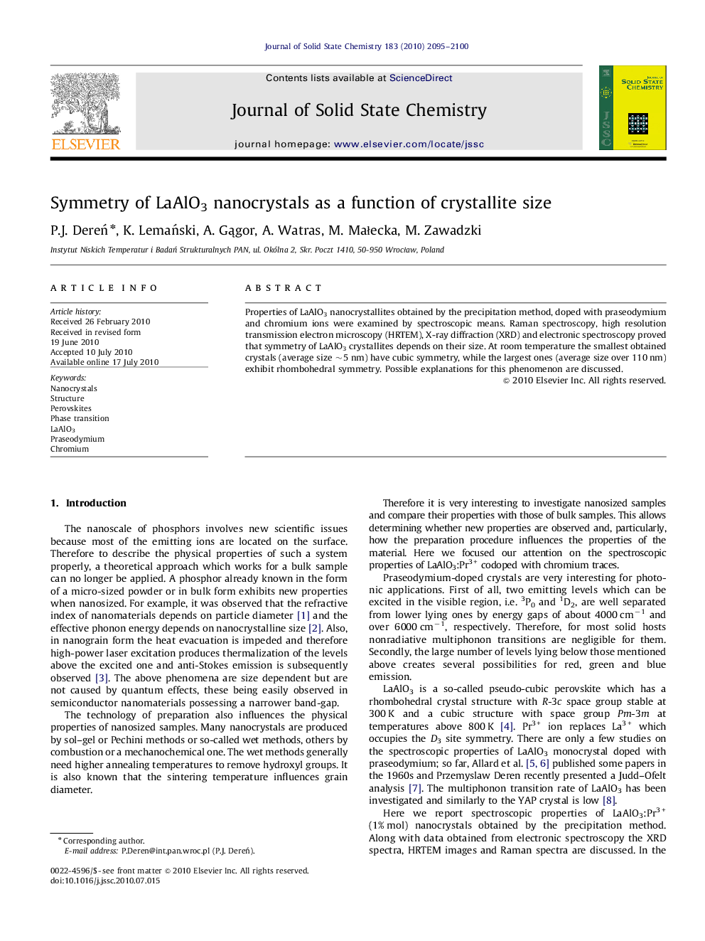 Symmetry of LaAlO3 nanocrystals as a function of crystallite size