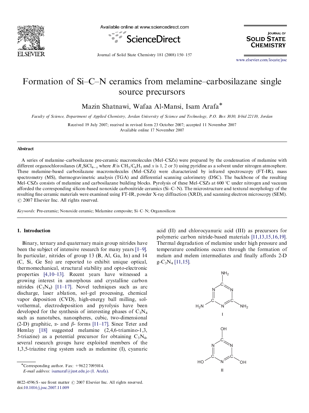 Formation of Si–C–N ceramics from melamine–carbosilazane single source precursors