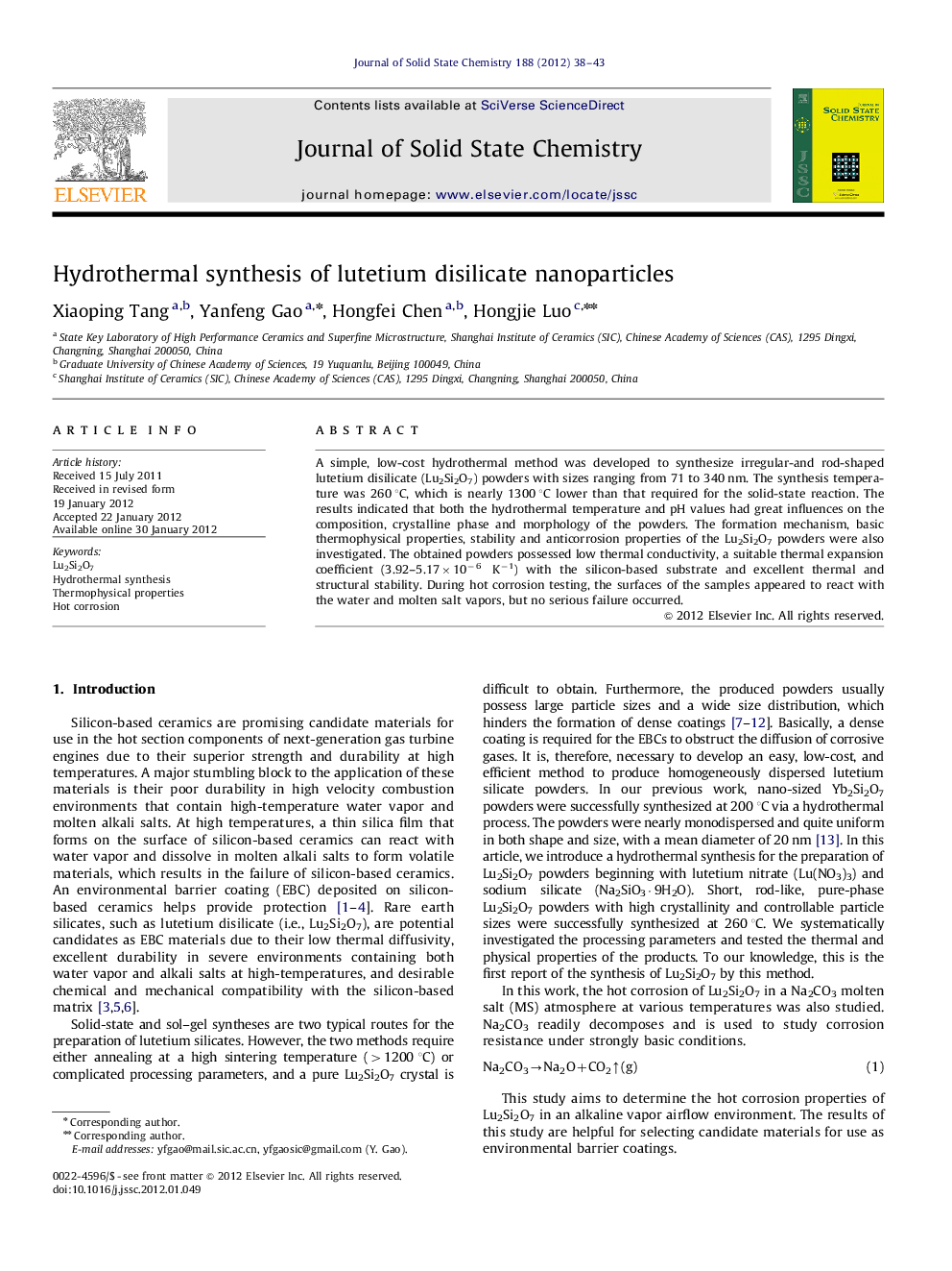 Hydrothermal synthesis of lutetium disilicate nanoparticles