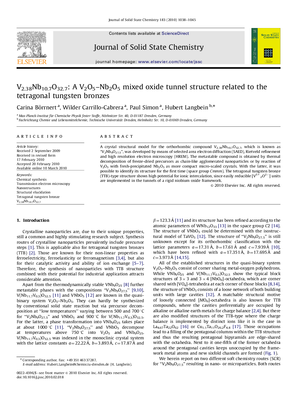 V2.38Nb10.7O32.7: A V2O5–Nb2O5 mixed oxide tunnel structure related to the tetragonal tungsten bronzes