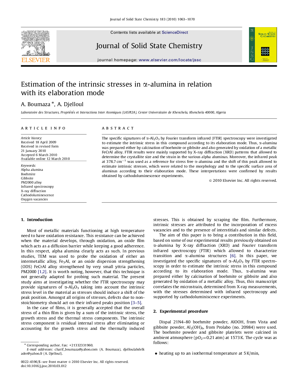 Estimation of the intrinsic stresses in α-alumina in relation with its elaboration mode