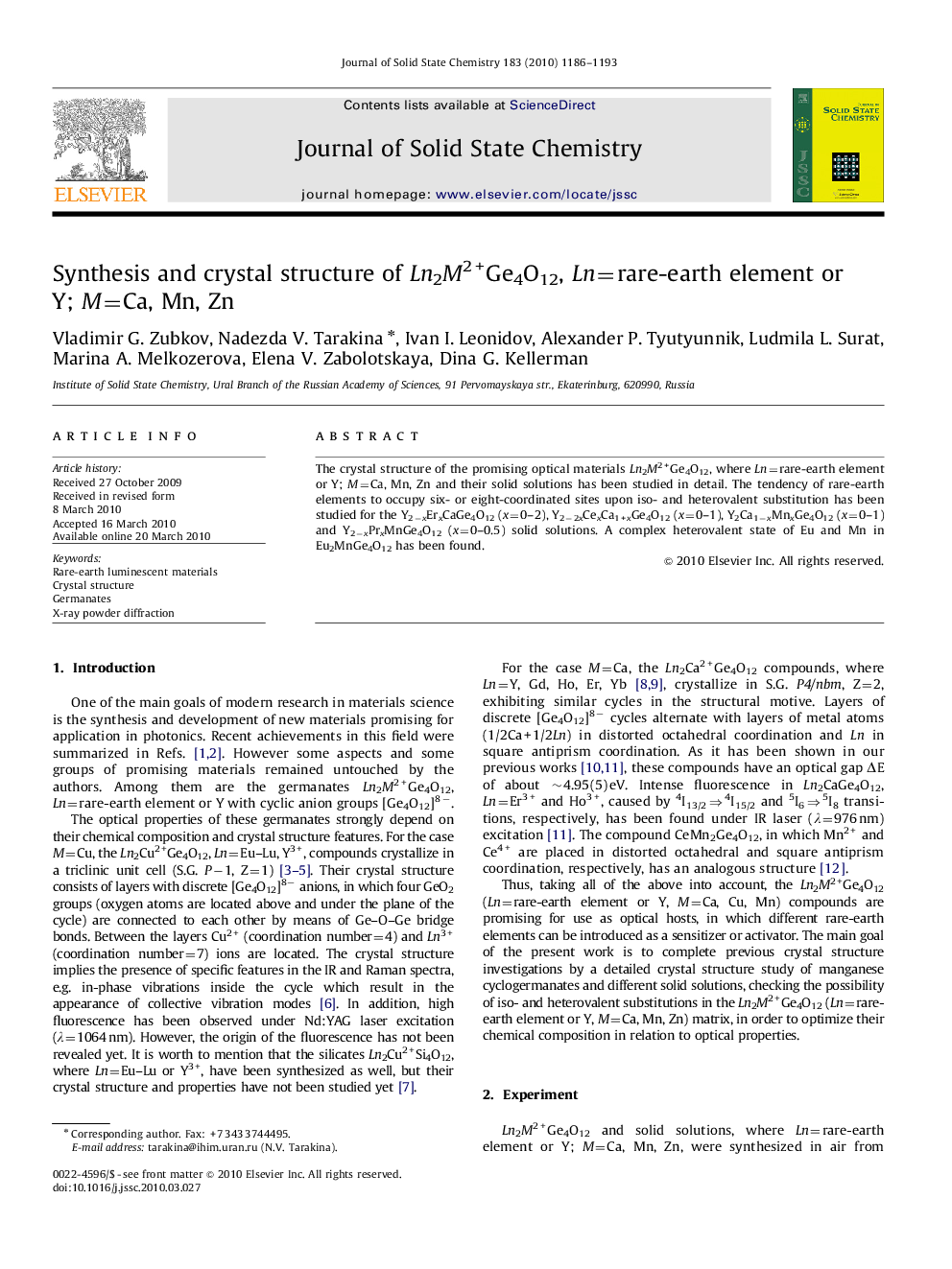 Synthesis and crystal structure of Ln2M2+Ge4O12, Ln=rare-earth element or Y; M=Ca, Mn, Zn