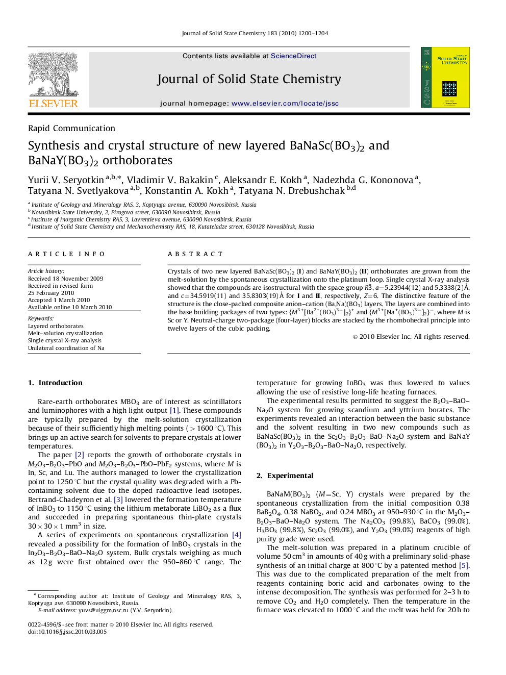 Synthesis and crystal structure of new layered BaNaSc(BO3)2 and BaNaY(BO3)2 orthoborates