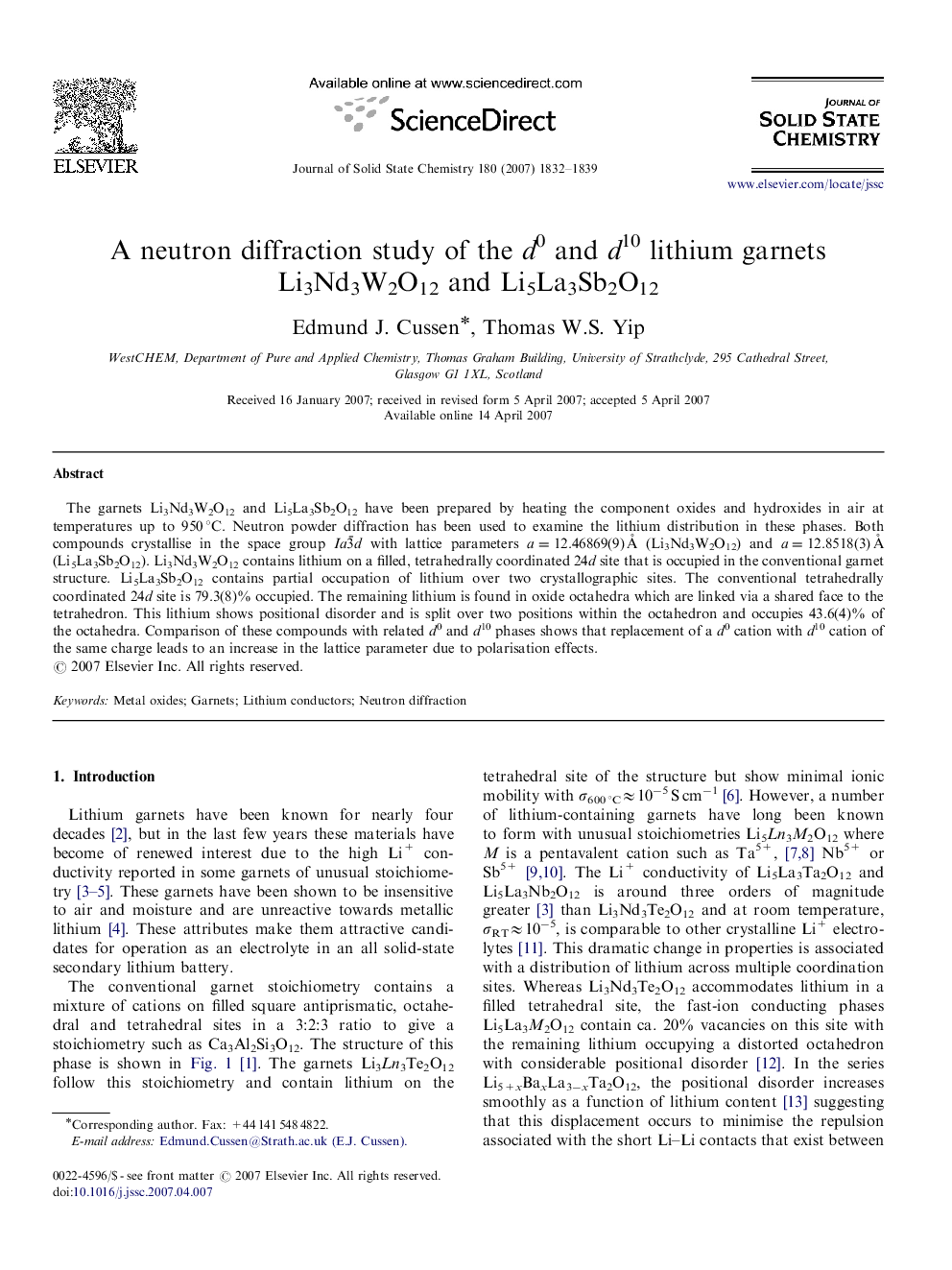 A neutron diffraction study of the d0 and d10 lithium garnets Li3Nd3W2O12 and Li5La3Sb2O12