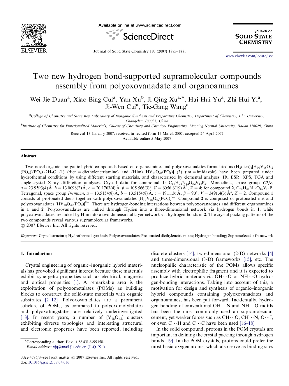 Two new hydrogen bond-supported supramolecular compounds assembly from polyoxovanadate and organoamines