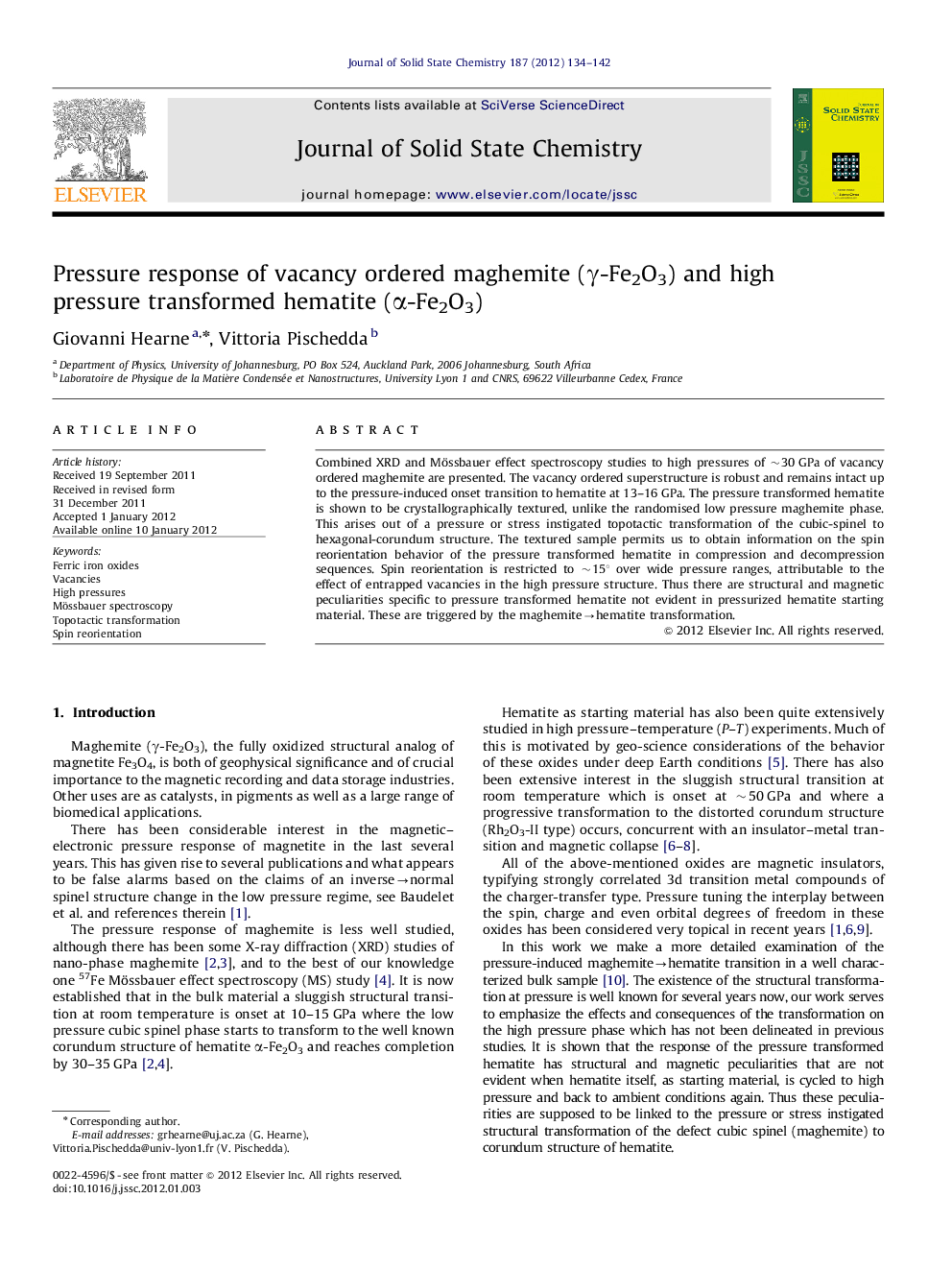 Pressure response of vacancy ordered maghemite (γ-Fe2O3) and high pressure transformed hematite (α-Fe2O3)