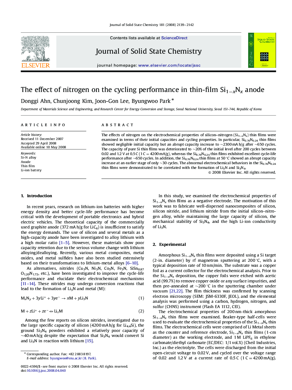 The effect of nitrogen on the cycling performance in thin-film Si1−xNx anode